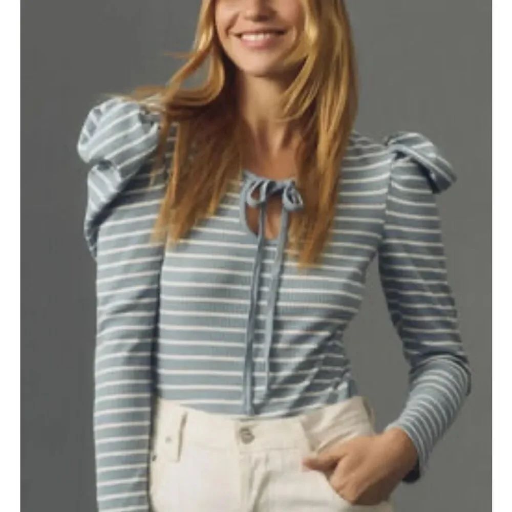 Anthropologie Porridge striped puff sleeve tie neck blouse xl